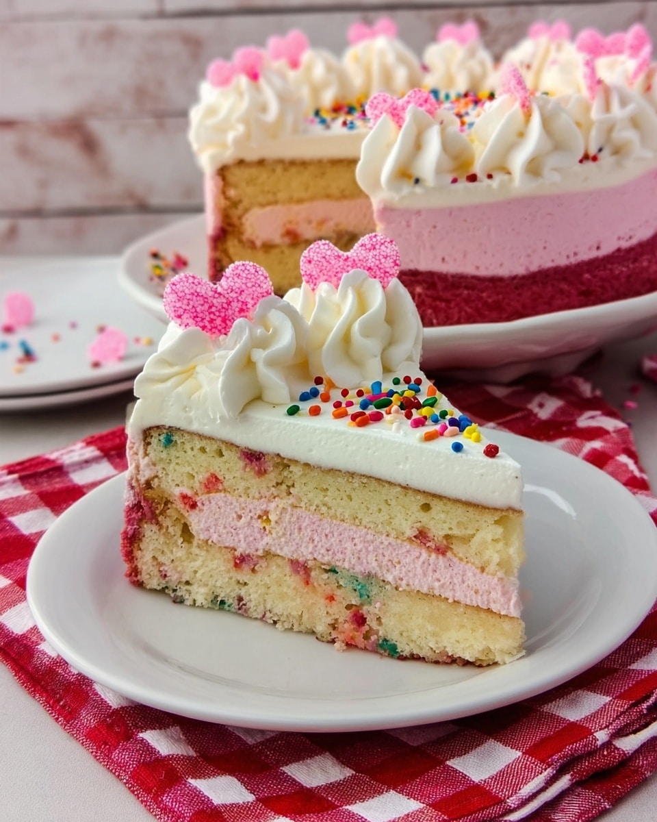The image shows a slice of colorful layered cake on a white plate set on a white marbled surface with a red and white checkered cloth nearby. The cake has three main layers: a bottom layer of light-colored cake with colorful sprinkles baked inside, a middle pink creamy layer, and a top thick white layer. The edge of the slice is decorated with white cream dollops sprinkled with multicolored tiny round sprinkles, topped with pink sugar decorations. In the background, the whole cake is visible on a white plate, displaying the same layered texture and cream decorations around the edge. photo taken with an iphone --ar 4:5 --v 7