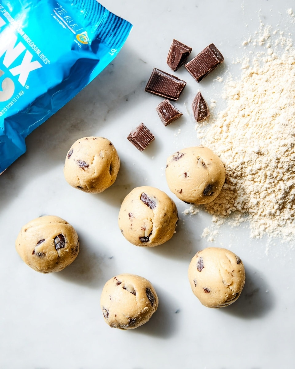 Eight round cookie dough balls with dark chocolate chunks visible on their light beige surface are spread out on a white marbled texture. In the top left corner, a bright blue bag with white and yellow text is partially open, with small square pieces of chocolate scattered nearby. Off to the top right, a small pile of pale beige flour adds texture to the scene. The arrangement is simple and clean, showcasing the dough balls and ingredients clearly. photo taken with an iphone --ar 4:5 --v 7