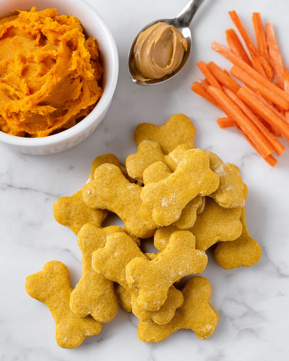 The image shows a pile of yellow, bone-shaped crackers with a slightly rough texture placed on a white marbled surface. To the top left, there is a white bowl filled with mashed orange sweet potatoes, its smooth yet chunky texture clearly visible. Above the crackers, slightly to the right, is a shiny metal spoon holding a dollop of creamy light brown peanut butter. On the far right, there is a small heap of thin orange carrot sticks arranged neatly on the white marbled surface. The overall setting is bright and clean, highlighting the colors and textures of the items. photo taken with an iphone --ar 4:5 --v 7