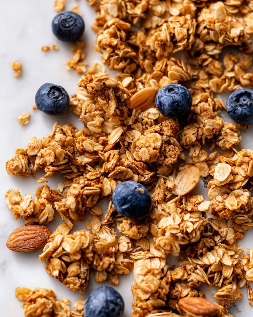 The image shows many pieces of crunchy granola scattered on a white marbled surface, each piece golden brown with visible oats and slices of almonds adding texture. Among the granola clusters are small, plump blueberries standing out with their deep blue color and smooth skin. The granola pieces vary slightly in size and shape, showing a rough, crispy texture with some pieces broken to reveal the inside. The whole scene is bright, highlighting the natural colors and textures of the granola and blueberries, creating a fresh and healthy look. photo taken with an iphone --ar 4:5 --v 7