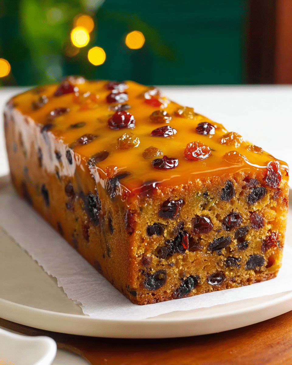 A rectangular fruitcake is shown on a white plate with a textured paper underneath. The cake has one visible thick layer filled with small dark and red dried fruits inside, giving it a speckled look. The top layer is glossy and golden orange, with more dried fruits embedded in the shiny surface. The sides of the cake show the moist brown cake with embedded fruits evenly spread throughout. The background has a soft focus with warm light and green and yellow blurred shapes, all placed on a white marbled textured surface. Photo taken with an iphone --ar 4:5 --v 7