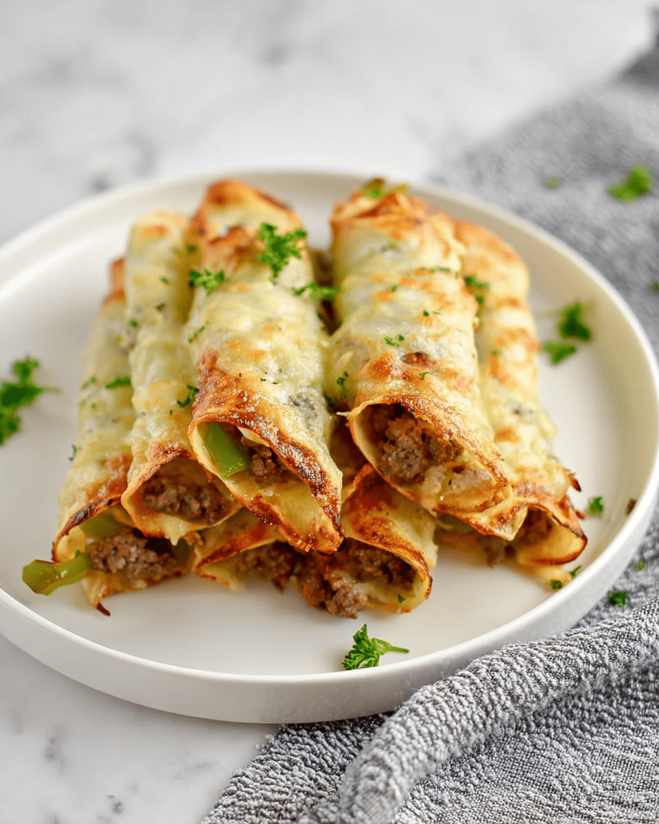 The image shows a white plate with six rolled, baked tortillas filled with a mixture of brown ground meat and green bell peppers. The tortillas are golden brown and crispy on the edges with melted, slightly browned cheese on top. Small green parsley leaves are sprinkled on the tortillas and plate as garnish. The plate is placed on a white marbled surface with a grey textured cloth slightly blurred in the background, creating a clean and simple look. photo taken with an iphone --ar 4:5 --v 7