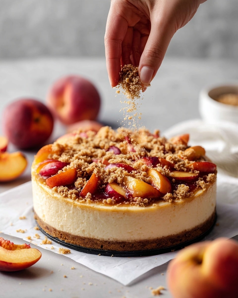 A thick round cheesecake with a firm brown crust forms the base layer. On top, there is a creamy, pale yellow layer of cheesecake filling. The next layer consists of juicy, sliced red and orange peaches spread evenly over the cheesecake. The final layer is a crumbly golden brown streusel topping being sprinkled by a woman's hand above the cake. The cake rests on white parchment paper on a white marbled surface, surrounded by whole peaches and a blurred white bowl in the background. Photo taken with an iphone --ar 4:5 --v 7