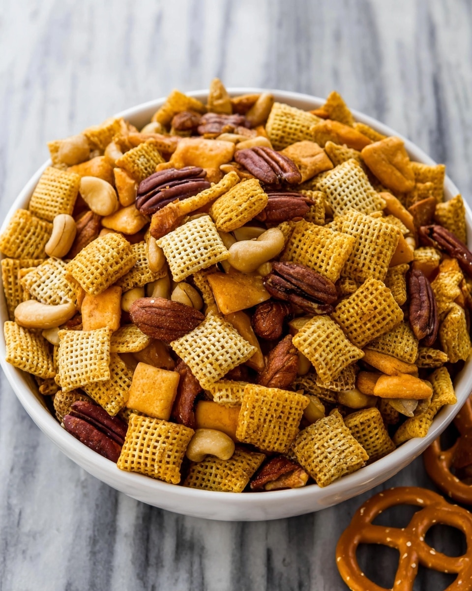 A white bowl filled with a mix of crunchy snack pieces including golden yellow square cereal pieces with a grid texture, bright orange square cheese crackers, light brown small round cereal loops, dark brown and tan whole almonds, pecans, and cashews, as well as a light brown pretzel twist visible on the right side. The snack mix is piled high, showing a variety of colors and textures closely packed together. The bowl sits on a white marbled surface, adding a clean and bright background to the rich, warm colors of the mix. Photo taken with an iphone --ar 4:5 --v 7