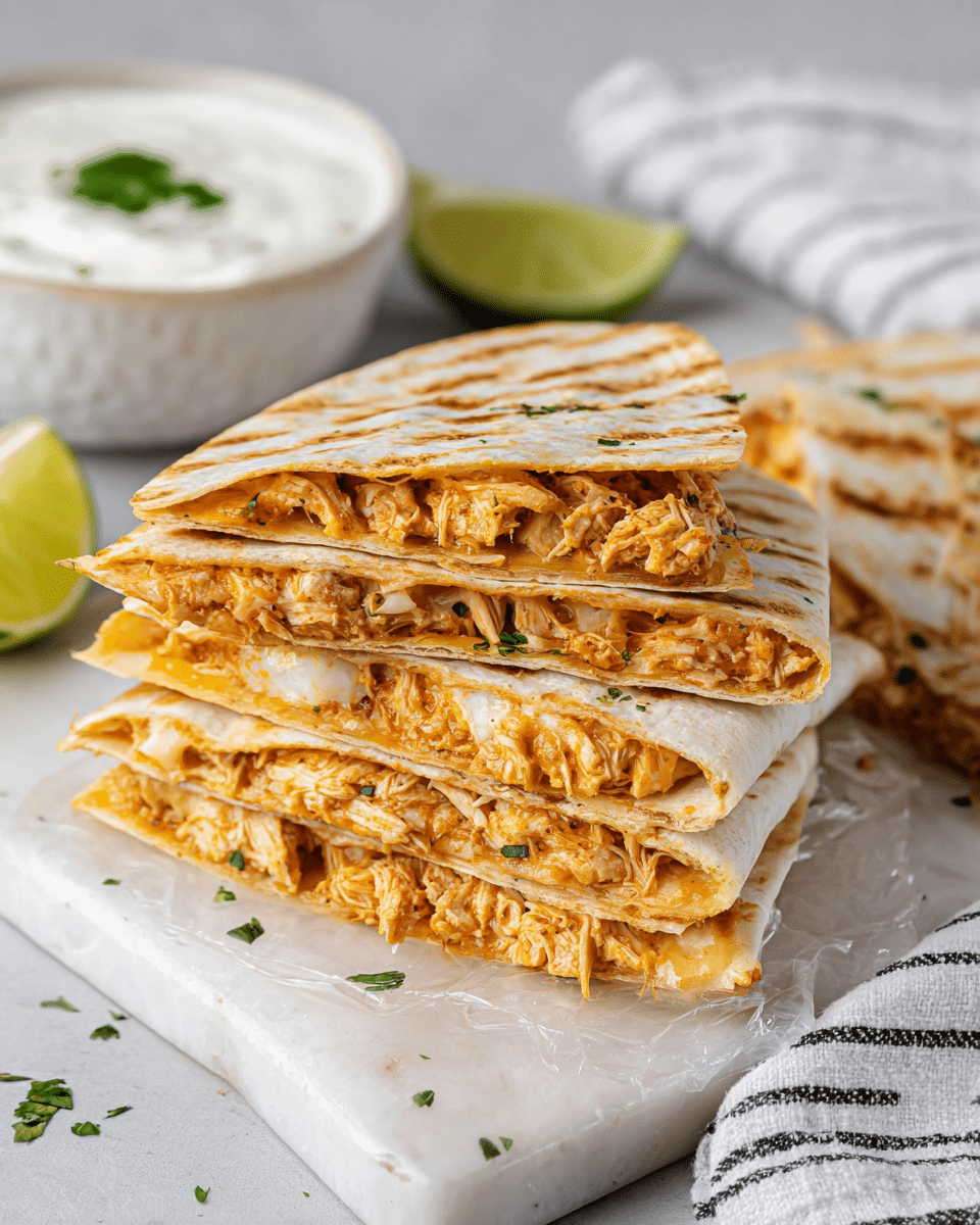 A stack of five triangular quesadilla slices is shown on a white marble board with a transparent wrap underneath. Each slice has a soft, light brown grilled tortilla with visible grill lines on top, filled with shredded, seasoned chicken mixed with melted cheese and small bits of herbs, giving an orange and light yellow texture to the filling. In the background, there is a white bowl filled with creamy white sauce topped with a green herb piece, and a wedge of green lime rests on the marble board near the quesadilla stack, adding a fresh touch. The scene is set on a white marbled surface with a white cloth holding thin black stripes on the right side. Photo taken with an iphone --ar 4:5 --v 7