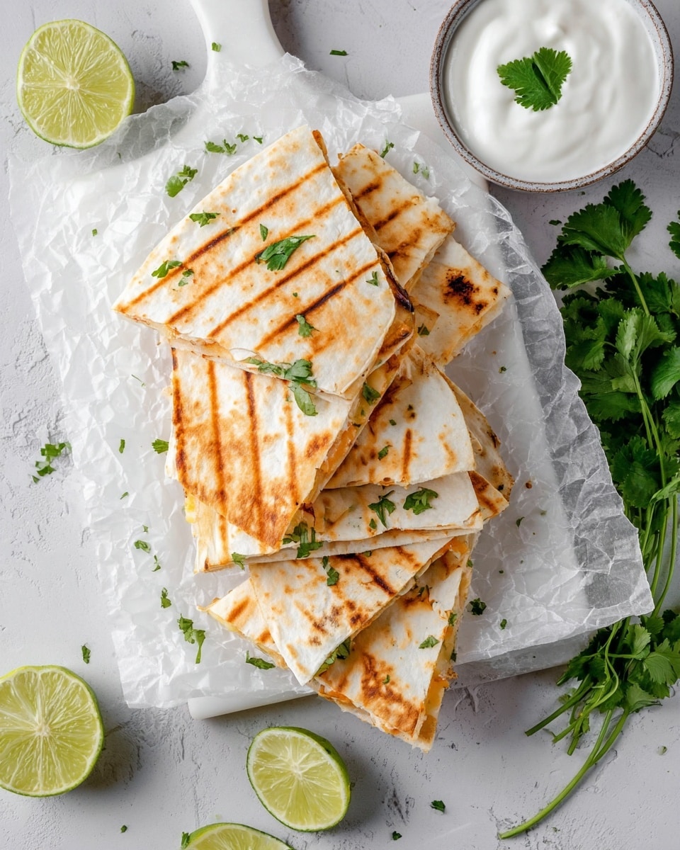 A stack of eight triangular quesadillas with a golden brown grilled pattern on white tortillas, each piece layered closely on a white cutting board lined with crinkled parchment paper. The quesadillas are garnished with small green cilantro leaves scattered on top and between slices. Surrounding the cutting board are three lime wedges showing bright green skin and juicy pale green flesh, and several sprigs of fresh green cilantro spread on the white marbled surface. To the top right, a small white bowl filled with creamy white sour cream, topped with a single cilantro leaf, completes the scene. Photo taken with an iphone --ar 4:5 --v 7