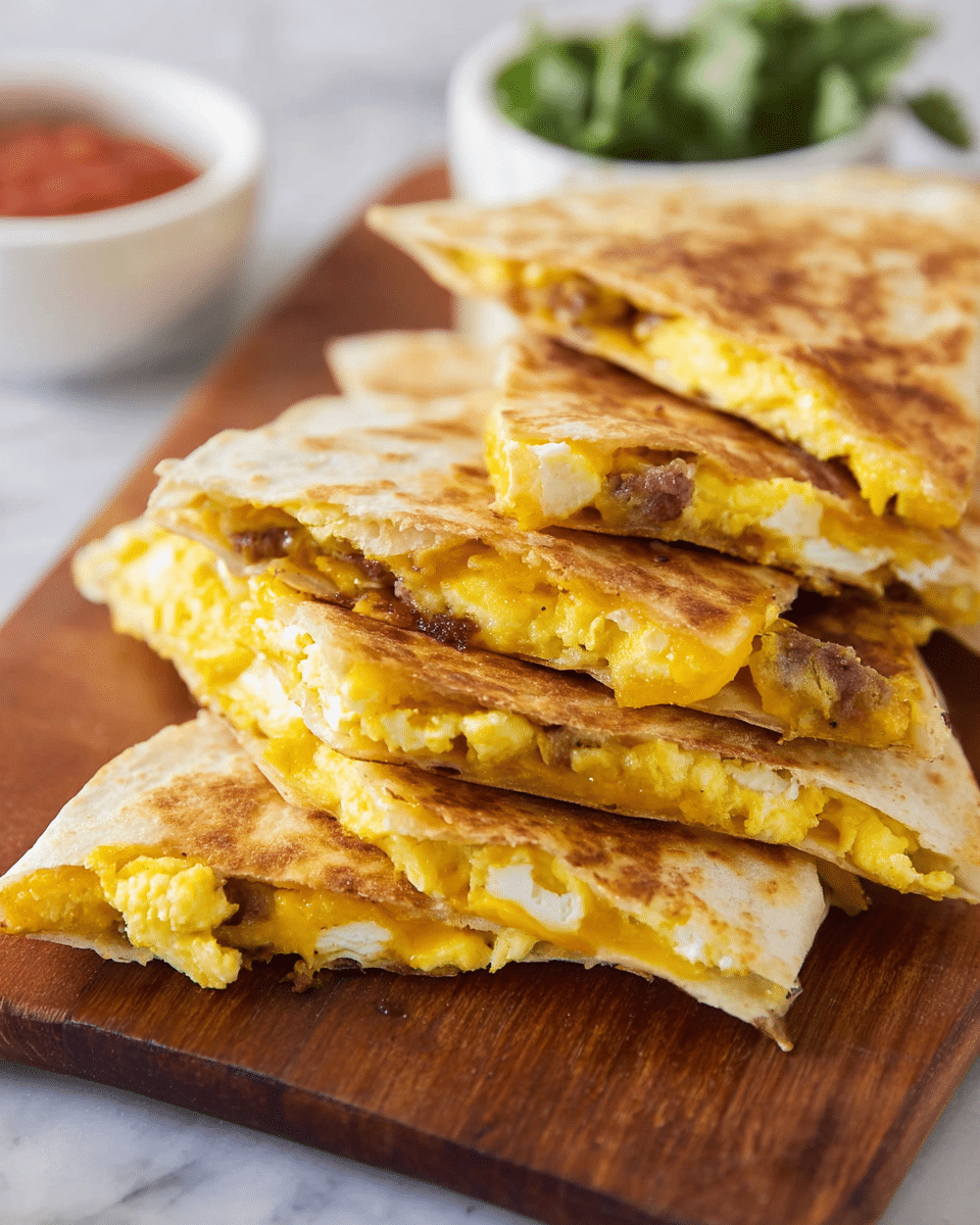 The image shows several triangular quesadilla slices stacked on a white marbled surface, placed on a wooden serving board. Each quesadilla has a golden-brown, toasted outer layer that is slightly crispy. Inside each slice, there are visible layers of melted yellow and white cheese mixed with scrambled eggs and small bits of cooked meat, creating a textured and gooey filling. The background includes a blurred white bowl with red sauce and some green leafy garnish, adding color contrast to the scene. photo taken with an iphone --ar 4:5 --v 7