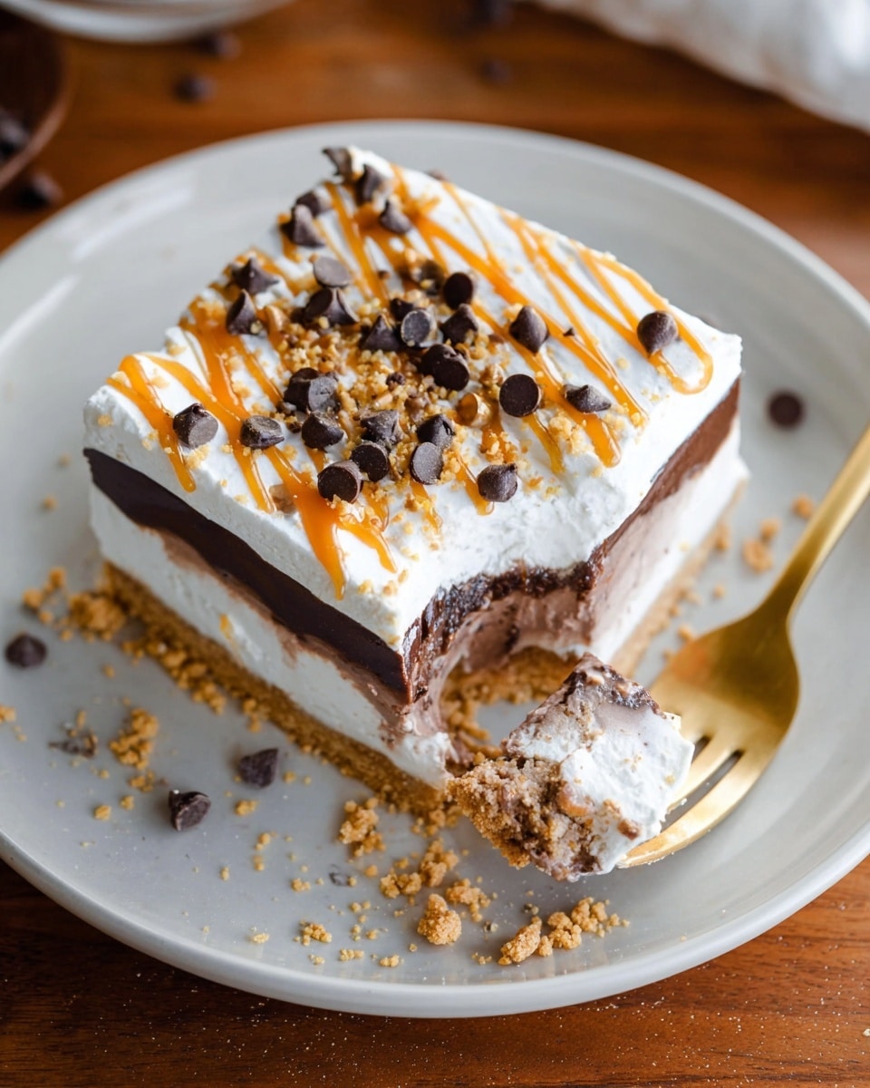 A square dessert slice sits on a white plate with a crumbly, light brown base layer, topped by a thick, smooth dark chocolate layer, then a thick white creamy layer. The top of the dessert is decorated with lines of orange drizzle, scattered dark brown chocolate chips, and light brown crumbs. A golden fork holds a bite-sized piece showing all the layers clearly. The plate rests on a wooden surface with some crumbs and chocolate chips around. photo taken with an iphone --ar 4:5 --v 7