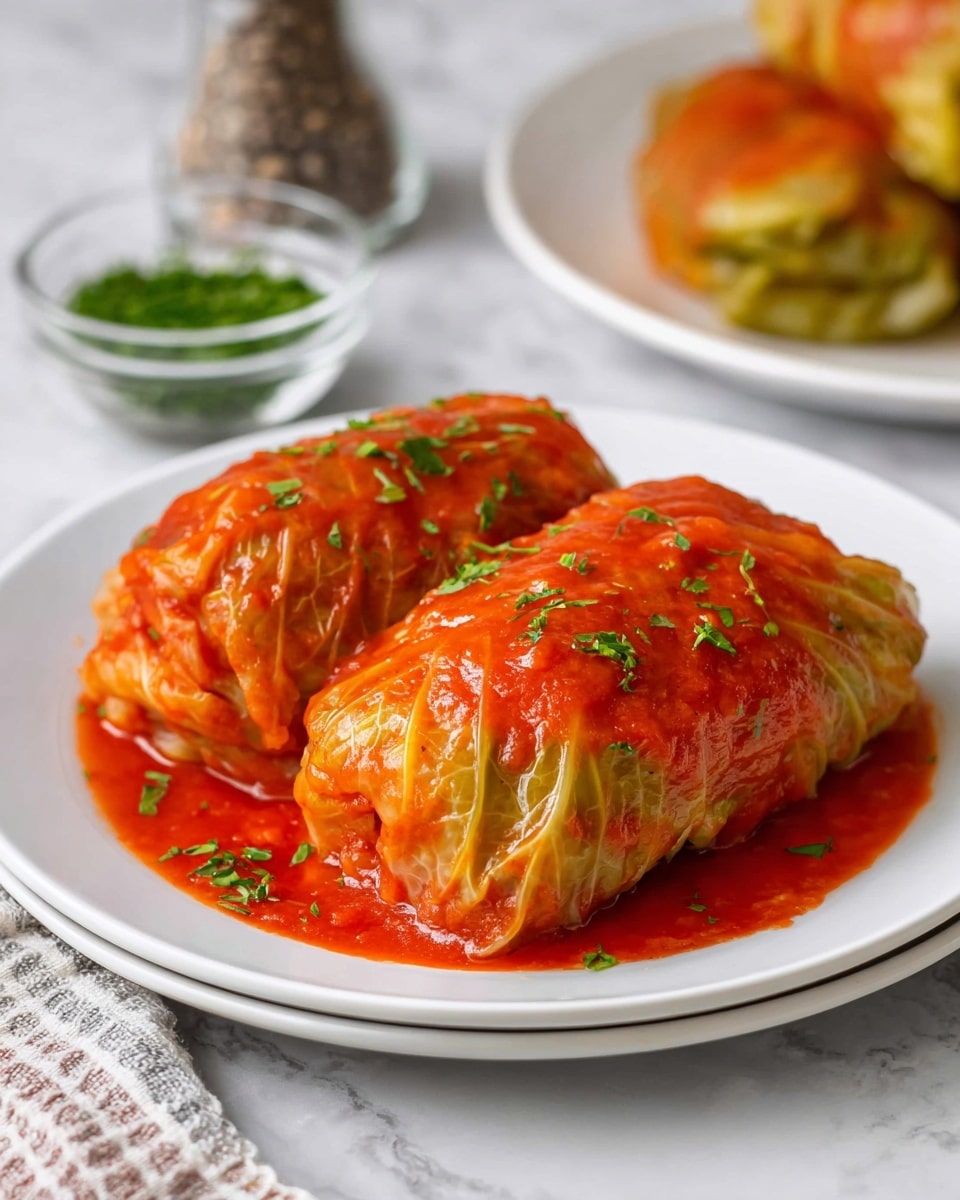 Two large stuffed cabbage rolls sit close together on a white plate, covered in bright red tomato sauce with a glossy texture. The cabbage leaves, visible beneath the sauce, are a pale green with veined patterns and wrap tightly around the filling, creating a layered look with soft folds. Small bits of green herbs are sprinkled on top and around the sauce for a fresh touch. In the background, a small clear bowl holds finely chopped green herbs, and a clear pepper grinder is also seen on a white marbled surface. Another white plate with more cabbage rolls blurred out is visible at the top right corner. photo taken with an iphone --ar 4:5 --v 7