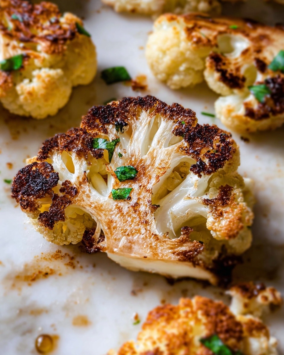 The image shows several pieces of roasted cauliflower with a crispy, golden brown and slightly charred top surface, revealing their white, tender inner layers. Each cauliflower piece has a textured, uneven shape with browned edges and a few small green herbs scattered lightly on top. The cauliflower sits directly on a white marbled surface with some small oil spots and browned bits around. The overall look is warm and appetizing, highlighting the contrast between the caramelized tops and the soft white cauliflower beneath. photo taken with an iphone --ar 4:5 --v 7