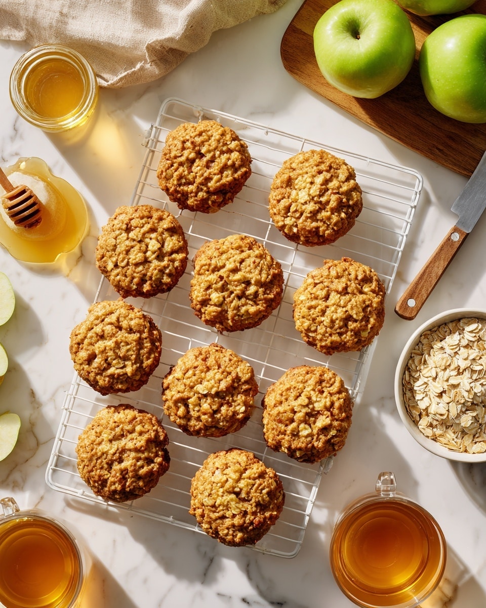 The image shows a white wire cooling rack placed on a white marbled surface, holding ten golden-brown oatmeal cookies. Each cookie is round and textured with visible oats, giving a rough, chunky look. Around the rack, there is a white bowl filled with raw oats to the lower right, a wooden board with two green apples and a knife at the top right, a glass of amber-colored tea near the top center, and a second glass of tea at the lower left next to a honey jar with a honey dipper. The overall setting is bright and clean with warm sunlight enhancing the golden hues of the cookies. Photo taken with an iphone --ar 4:5 --v 7