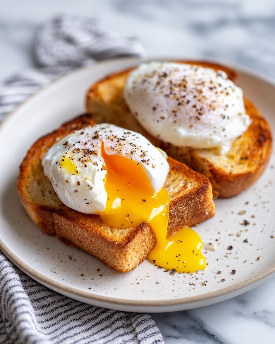 Two slices of golden brown toasted bread are stacked on a white plate. On top sit two poached eggs with firm white edges and soft centers, one slightly broken with bright yellow yolk oozing out. Coarse salt and black pepper are sprinkled on the eggs and toast, adding texture and contrast. The plate rests on a white marbled surface with a subtle striped cloth partially under it. Photo taken with an iphone --ar 4:5 --v 7