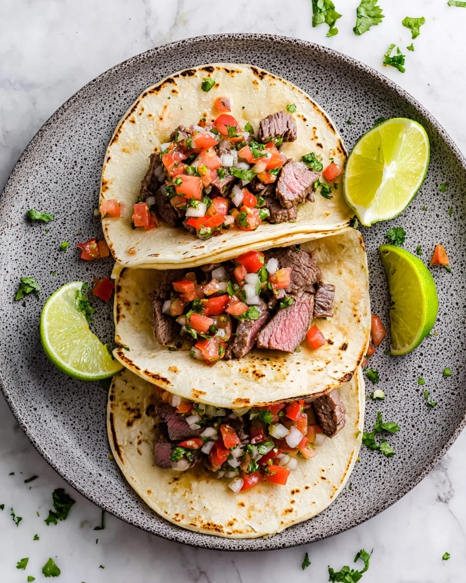 Three soft corn tortillas are arranged on a speckled gray plate on a white marbled surface. Each tortilla has two layers and is topped with diced grilled steak pieces showing a pinkish center, mixed with small chopped pieces of red tomatoes, white onions, and green cilantro leaves. Toasted spots dot the tortillas adding a slight charred texture. Two partially sliced lime wedges rest above the plate, while one lime wedge is placed below it, with scattered bits of cilantro on the surface. photo taken with an iphone --ar 4:5 --v 7