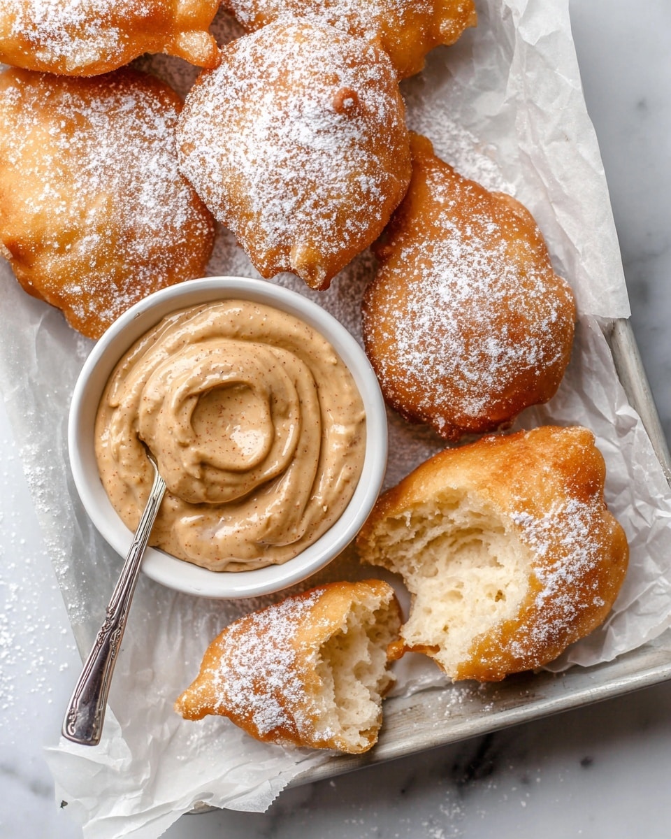 The image shows a white tray lined with parchment paper holding several pieces of golden fried dough covered lightly with powdered sugar. One piece is broken to reveal a soft, airy inside and has a light brown creamy spread on top. Next to the dough pieces is a small white bowl filled with a thick light brown cream with specks, and a silver knife resting inside it. The whole scene is set on a white marbled surface. photo taken with an iphone --ar 4:5 --v 7