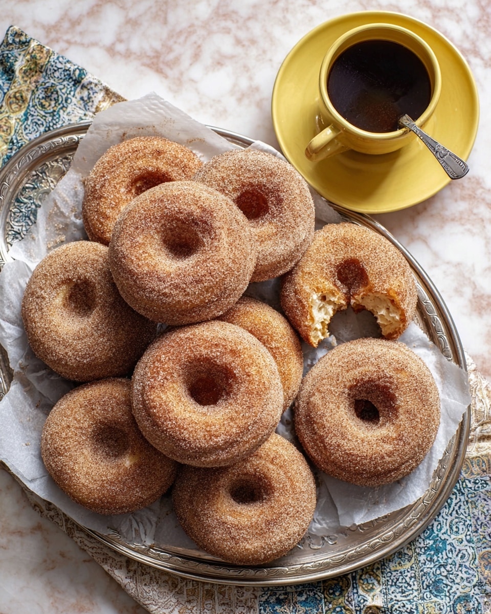 A round silver tray is filled with ten cinnamon sugar donuts, each covered in a rough textured layer of cinnamon sugar that gives them a warm brown color. One donut near the center has a bite taken out, showing a soft, light beige inside. The donuts are stacked closely, some overlapping, and the tray is lined with a clear, crinkled paper. Next to the tray is a yellow cup filled with dark coffee, which has a foamy surface and a small silver spoon resting inside. The scene sits on a white marbled surface with a patterned cloth underneath. photo taken with an iphone --ar 4:5 --v 7