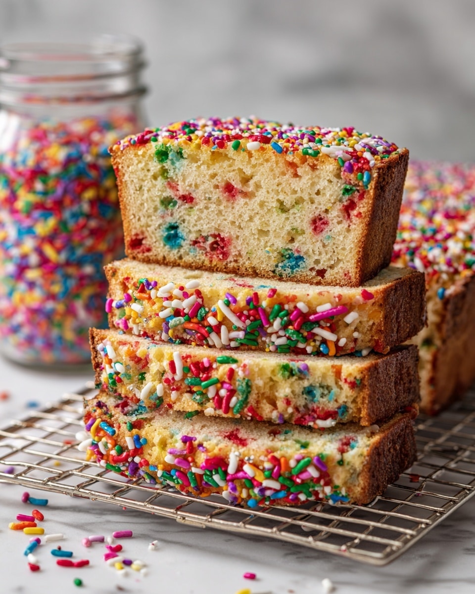 The image shows four slices of colorful sprinkle cake bread stacked on a wire rack over a white marbled surface. Each slice has two layers: a moist, light-yellow cake base with colorful, scattered red, green, and blue sprinkles baked inside, and a golden-brown crust covered with lots of rainbow sprinkles on top. The texture of the cake looks soft and spongy with small air holes, while the crust is slightly rough and crunchy. In the background, there is a clear jar filled with bright, multicolored sprinkles adding a festive touch. photo taken with an iphone --ar 4:5 --v 7