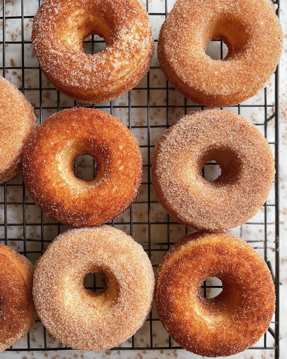 Seven cinnamon sugar-coated donuts with a golden brown color sit on a black wire cooling rack. The donuts have a light dusting of granulated sugar mixed with cinnamon, giving them a slightly grainy texture on the surface. The center holes are clear and the donuts are arranged in a scattered pattern over a white marbled textured surface underneath the rack. Photo taken with an iphone --ar 4:5 --v 7