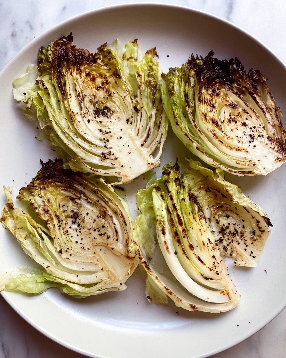 Four pieces of grilled cabbage wedges sit spaced apart on a large white plate, each wedge showing multiple layers of pale green and creamy white cabbage with dark brown char marks along the edges and surfaces. The cabbage is topped with coarse ground black pepper, adding small black specks. The cabbage leaves have a slightly wilted texture with a mix of soft and crispy burnt edges, giving a rustic, smoky look. The plate is set against a white marbled surface. photo taken with an iphone --ar 4:5 --v 7
