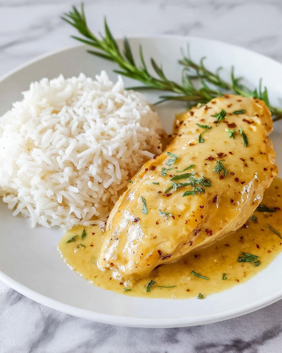 A white plate holds a simple meal with two main parts: a pile of white rice on the left and a piece of cooked chicken breast on the right. The chicken is covered in smooth, yellowish sauce with small dark specks and sprinkled with small green herb pieces. A bit of sauce also sits under the chicken, blending slightly with the rice. A sprig of green rosemary lies behind the rice, adding a touch of color. The plate rests on a white marbled surface. photo taken with an iphone --ar 4:5 --v 7