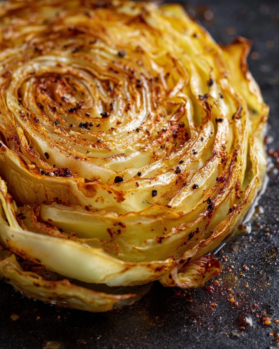 The image shows a thick round slice of roasted cabbage with many thin layers, each layer golden yellow to light brown with some crispy, darker brown edges. The surface is speckled with black pepper and a reddish spice, creating a textured and slightly shiny finish. The cabbage slice sits on a dark surface that will be imagined as a white marbled texture. The outer edges of the cabbage are slightly curled and browned, giving a crispy look while the center layers remain tender and juicy. Photo taken with an iphone --ar 4:5 --v 7