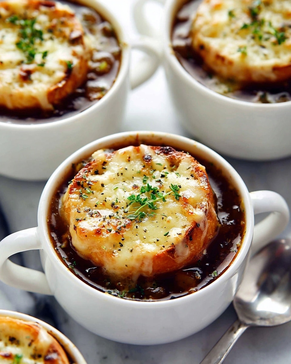 The image shows white cups filled with a dark brown soup containing small chunks of vegetables, topped with a single round layer of toasted, golden bread. The bread layer is covered with melted cheese, which is golden and bubbly with some browned spots. Fresh green herb sprigs and cracked black pepper are sprinkled on top of the cheese, adding a touch of color and texture. The cups are placed on a white marbled surface with a shiny silver spoon beside them. photo taken with an iphone --ar 4:5 --v 7