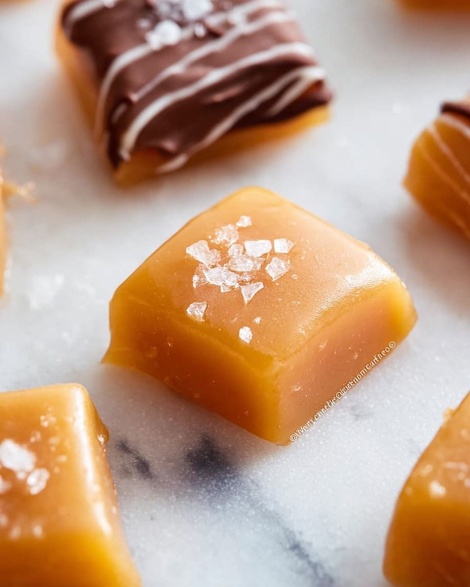 The image shows several pieces of soft caramel candy placed on a white marbled surface. Each caramel piece is square-shaped, smooth, and glossy with a light golden brown color. The closest caramel piece in the foreground has a small sprinkle of coarse white sea salt on top, adding texture and contrast. In the background, more caramel pieces are visible, one with the same coarse salt and another drizzled with thin lines of dark chocolate. The soft, slightly shiny texture of the caramel reflects light gently, highlighting its chewy consistency. photo taken with an iphone --ar 4:5 --v 7