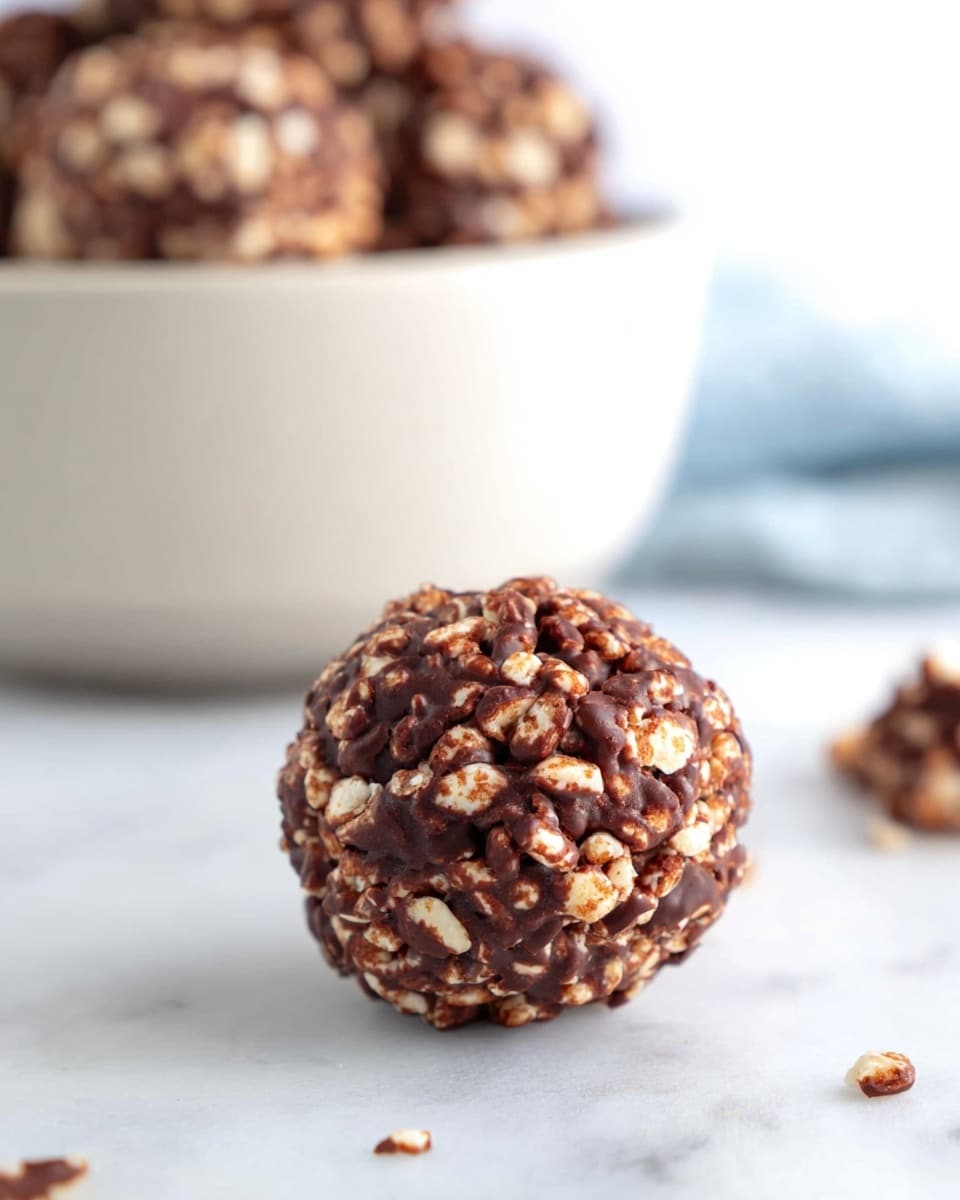A close-up of a single round snack ball made from crispy puffed rice and coated in thick, dark chocolate, showing an uneven texture with a mix of light tan puffed rice and rich brown chocolate clumps tightly packed together; the ball sits on a white marbled surface with a few crumbs around it, and in the background, there is a large white bowl filled with more of these rice and chocolate balls, softly blurred to keep focus on the one in front. photo taken with an iphone --ar 4:5 --v 7