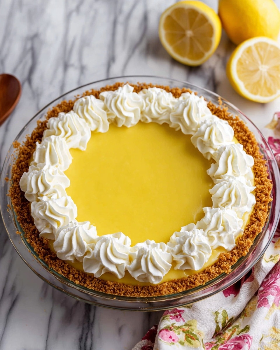 The image shows a lemon pie with three clear layers: a crumbly golden-brown crust forming the base and sides, a smooth, glossy bright yellow lemon filling as the middle layer, and a ring of white whipped cream swirls evenly placed on top near the crust edge. The pie is in a clear glass pie dish set on a white marbled surface with part of a floral-patterned cloth and two halved lemons nearby. Photo taken with an iphone --ar 4:5 --v 7