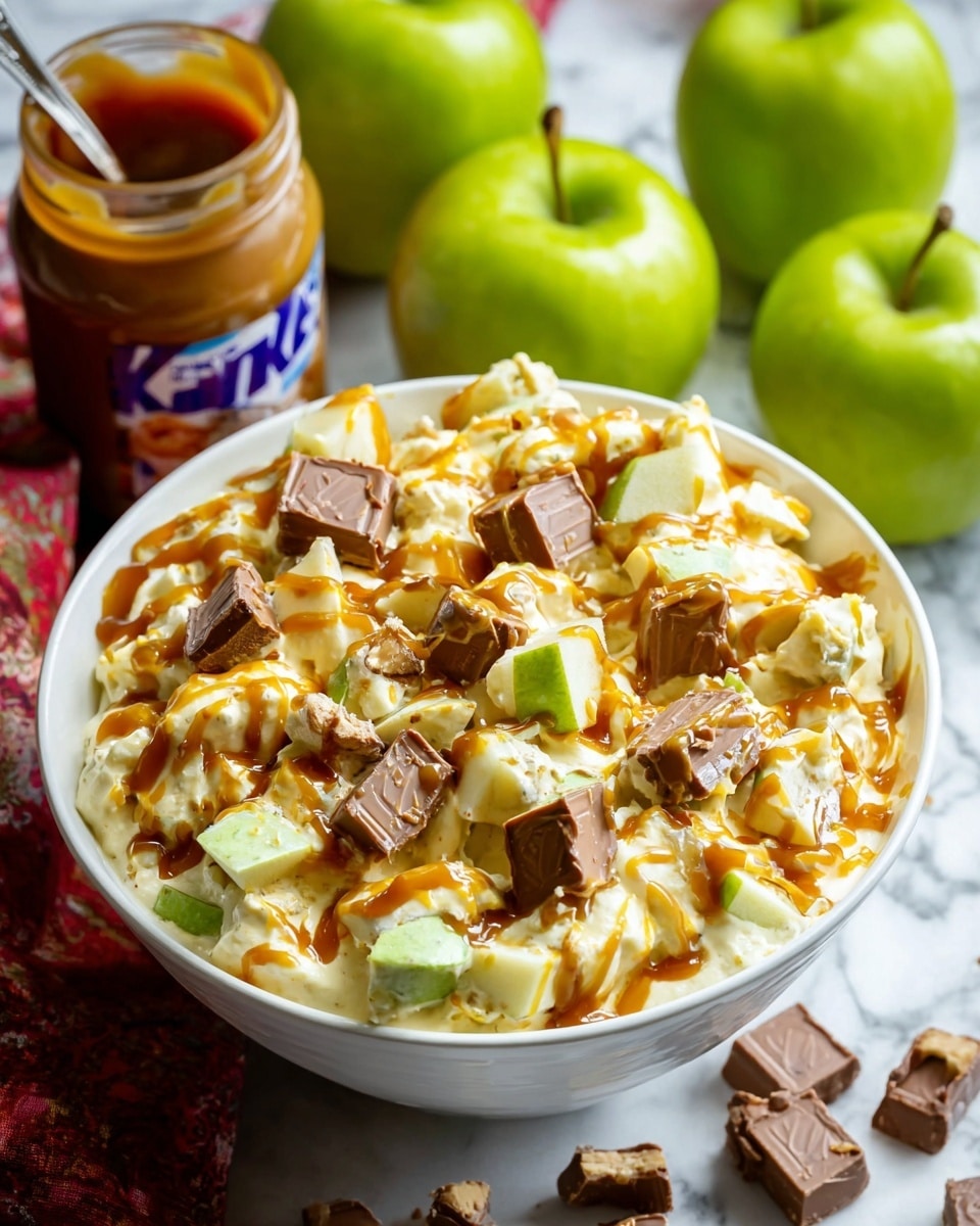 A white bowl is filled with a creamy, light yellow mixture that looks fluffy and soft, with visible chunks of green apple and larger pieces of chopped Snickers candy bars mixed in. On top, caramel sauce is drizzled unevenly over the bowl, creating shiny, golden streaks. The bowl sits on a white marbled surface, surrounded by whole green apples and a jar of caramel sauce with a spoon inside. Photo taken with an iphone --ar 4:5 --v 7