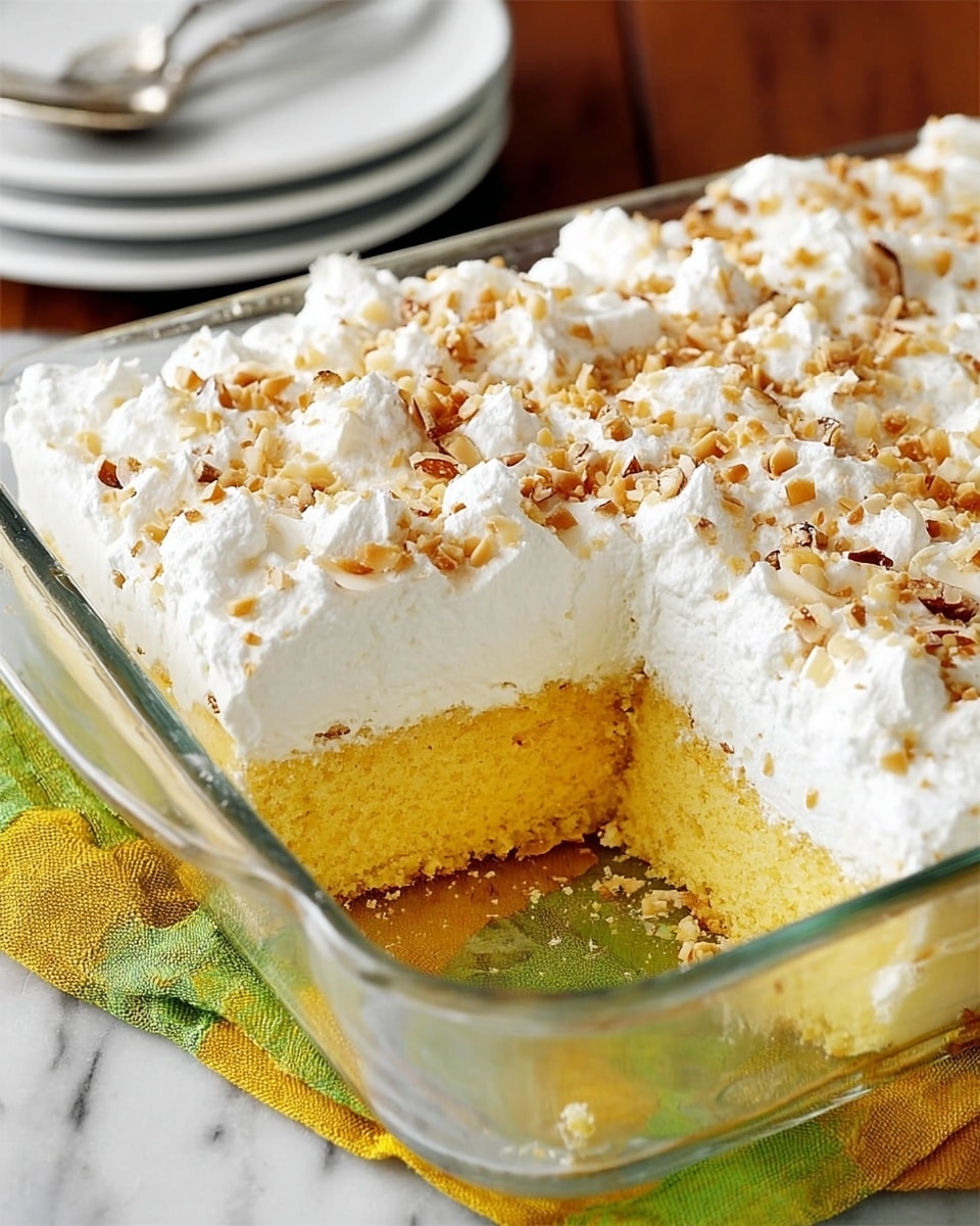 The image shows a rectangular glass baking dish filled with a three-layer dessert. The bottom layer is a thick, soft yellow cake with a light crumb texture. Above the cake is a thick, creamy white layer that looks smooth and slightly glossy. The top layer is a generous spread of fluffy white whipped cream or frosting, sprinkled evenly with small brown nut pieces and some shredded coconut, adding a rough texture on top. A piece has been cut out from one corner, revealing all layers clearly. The dish is placed on a white marbled surface with a folded green and yellow cloth partially under one corner. In the background, there are stacked white plates with another piece of cake slightly out of focus. Photo taken with an iphone --ar 4:5 --v 7