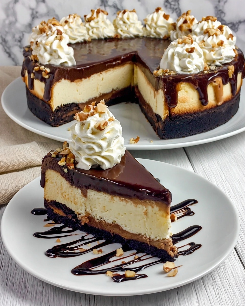 The image shows a rich cheesecake with three main layers: a thick dark chocolate crust at the bottom, a creamy light beige cheesecake middle, and a smooth, shiny dark chocolate ganache top. The whole cheesecake is decorated around the edge with white whipped cream rosettes sprinkled with chopped nuts. A slice of the cheesecake is cut and served on a white plate in the front, with a big swirl of whipped cream topped with nuts beside it. The slice has chocolate drizzle on top and extra chocolate sauce artistically spread on the plate. The background is a white marbled texture. Photo taken with an iphone --ar 4:5 --v 7