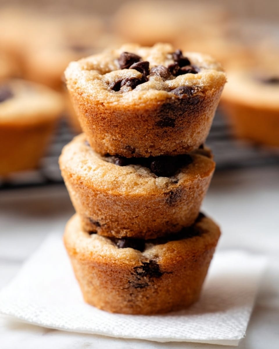The image shows a close-up of a stack of three mini chocolate chip cookie cups arranged vertically. Each cup has a golden-brown color with a soft, slightly crumbly texture, and dark chocolate chunks visible throughout. The top edges of the cups are slightly crinkled with a baked crust. The stack is placed on a white paper napkin resting on a white marble surface. A blurred cooling rack with more cookie cups is visible in the background. Photo taken with an iphone --ar 4:5 --v 7