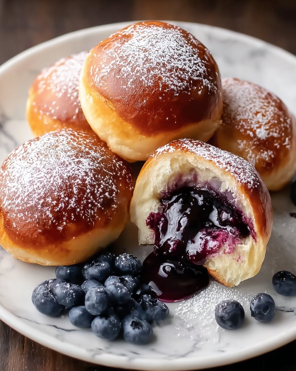 A white plate holds four round golden brown buns with a shiny, smooth top sprinkled with white powdered sugar. One bun is cut open in the front, revealing a thick, dark purple blueberry filling that is glossy and oozing out onto the plate. Next to the cut bun, there is a small pile of fresh, plump blueberries with a deep blue color. The inside of the bun has a soft, light yellow texture contrasting with the rich filling. The plate is set on a white marbled surface, and powdered sugar is scattered lightly around the buns. photo taken with an iphone --ar 4:5 --v 7