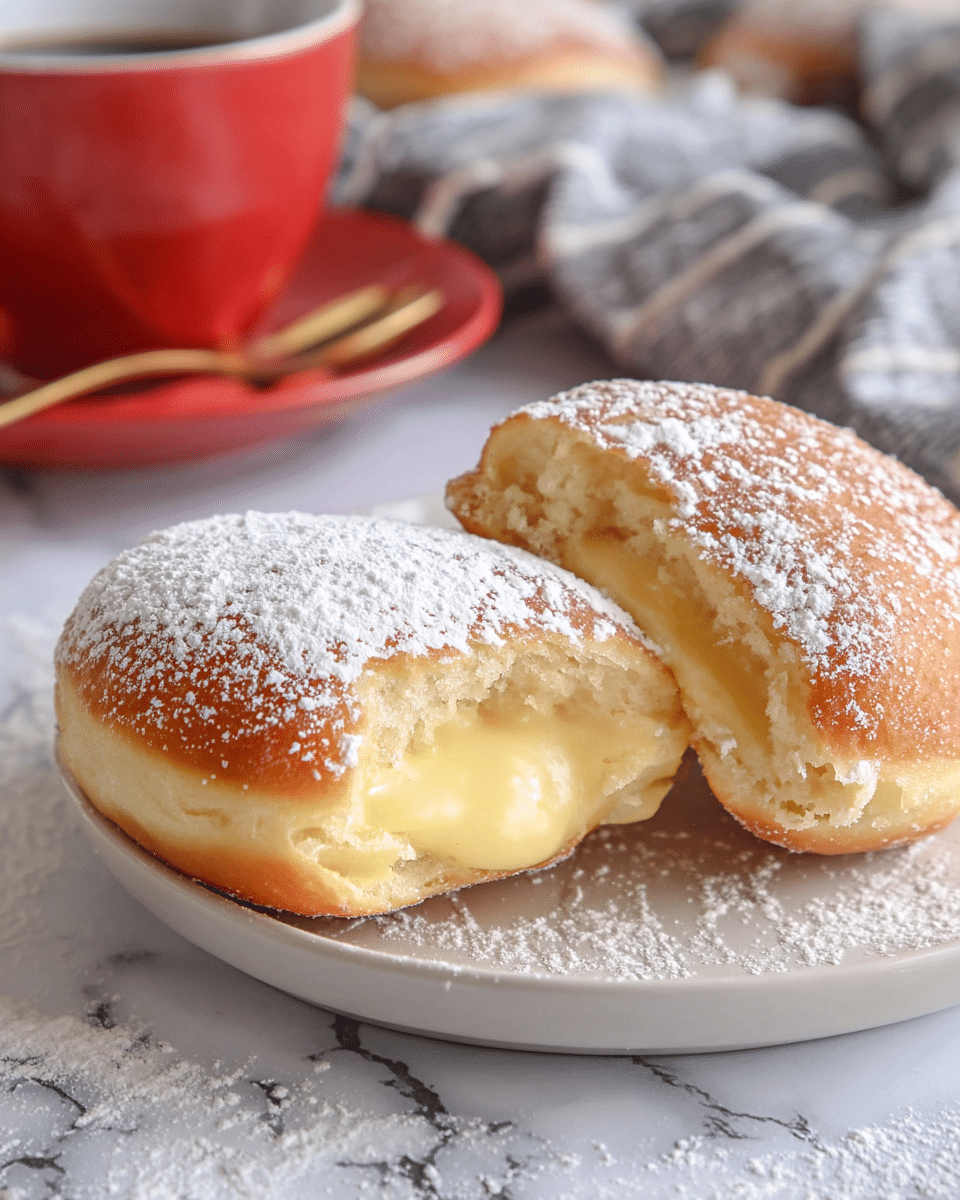 Two soft, round doughnuts sit on a white plate over a white marbled surface. Each doughnut has a golden brown, slightly crispy outer layer dusted with a light powder of white powdered sugar. Both doughnuts are filled with smooth, creamy yellow custard that slightly oozes out from small openings on the side, showing a thick texture. The doughnuts are close together, with one resting slightly on top of the other. The background is blurred, focusing attention on the doughnuts. Photo taken with an iphone --ar 4:5 --v 7