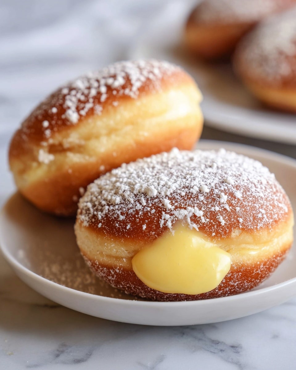 Two cream-filled doughnuts are placed on a white plate with powdered sugar dusted on top. One doughnut is whole, showing a golden-brown exterior with a light dusting of white powdered sugar. The other doughnut is broken open, revealing a thick, smooth, creamy yellow filling inside and a soft, fluffy beige dough surrounding it. The plate sits on a white marbled surface with some powdered sugar scattered around. In the background, there is a red coffee cup and saucer, slightly out of focus, and a glimpse of a gray cloth with white lines. Photo taken with an iphone --ar 4:5 --v 7