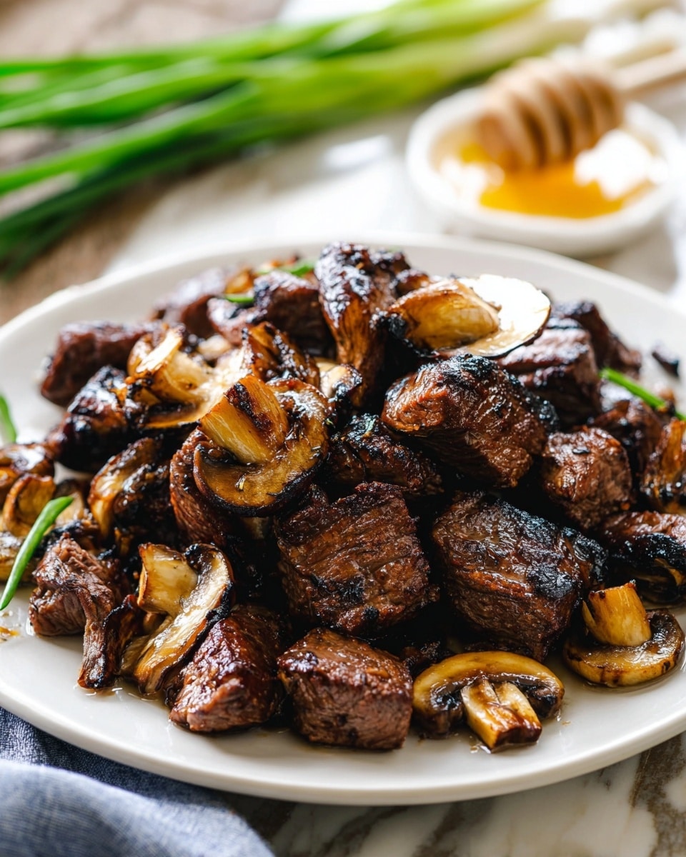 The image shows a white plate piled high with several pieces of dark brown, grilled steak chunks mixed with golden-brown sautéed mushrooms. The steak pieces have a slightly charred texture, giving them a glossy and juicy look. The mushrooms, scattered evenly among the meat, have a soft and cooked appearance with darker edges from grilling. The plate is set on a white marbled surface with some green onions blurred in the background and a white dish with honey and a honey dipper behind the plate. photo taken with an iphone --ar 4:5 --v 7