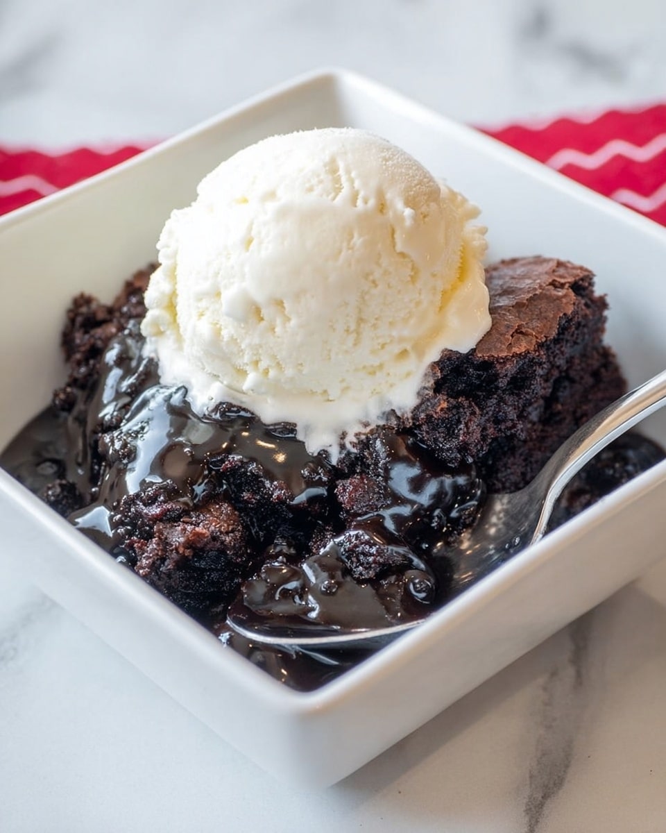 The image shows a dessert with two layers in a white square bowl set on a white marbled texture. The bottom layer is a dark, glossy chocolate brownie with a slightly uneven, moist texture and some shiny chocolate syrup covering parts of it. On top of the brownie, there is a single scoop of smooth, creamy white vanilla ice cream, which looks soft and rich. To the right side of the bowl, a silver spoon rests partially inside the dessert. Photo taken with an iphone --ar 4:5 --v 7