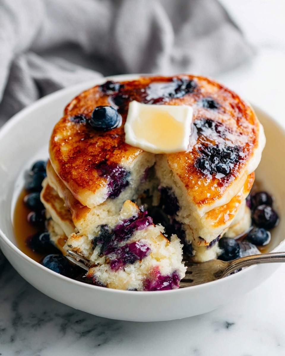 A white bowl holds a stack of two thick, golden-brown blueberry pancakes with dark purple blueberries visible inside and on the surface. The top pancake is topped with a melting square of pale yellow butter, glossy from syrup drizzled over it and pooling slightly around the edges. A silver fork rests inside the bowl, spearing a bite of pancake with blueberries, showing a fluffy inside with baked-in berries. The bowl sits on a white marbled surface with a soft gray cloth partially visible in the background. photo taken with an iphone --ar 4:5 --v 7