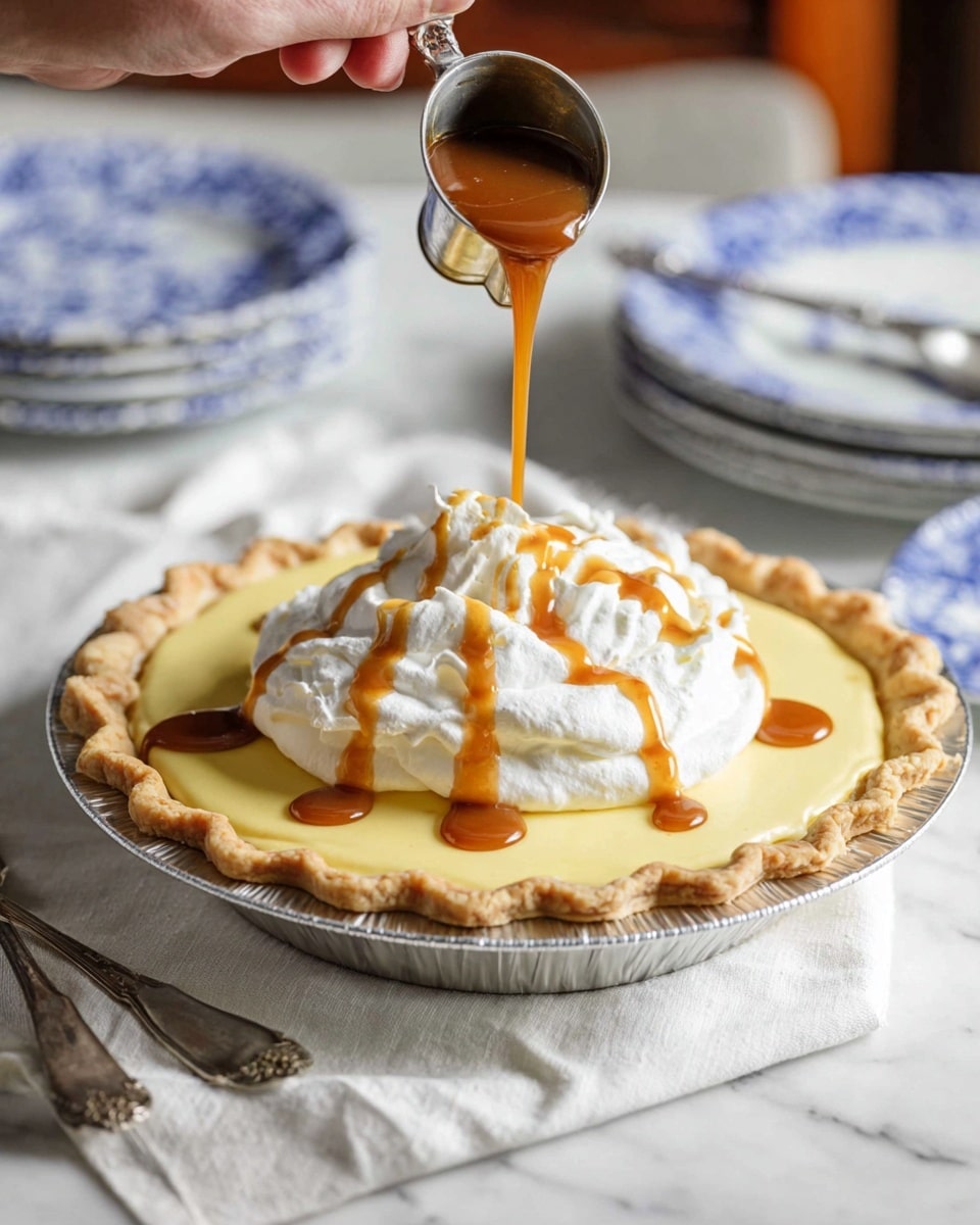 A pie with three distinct layers sits on a white marbled surface: the bottom layer is a golden, crimped pastry crust, the middle layer is smooth, pale yellow custard filling, and the top layer is a large dollop of white, fluffy whipped cream. A woman's hand holds a small metal cup, pouring a rich, glossy caramel sauce in thin streams over the whipped cream, creating warm amber streaks. The pie is on a metal pie plate, with a white cloth and silver serving utensil nearby, and blue-and-white patterned plates blurred in the background. photo taken with an iphone --ar 4:5 --v 7
