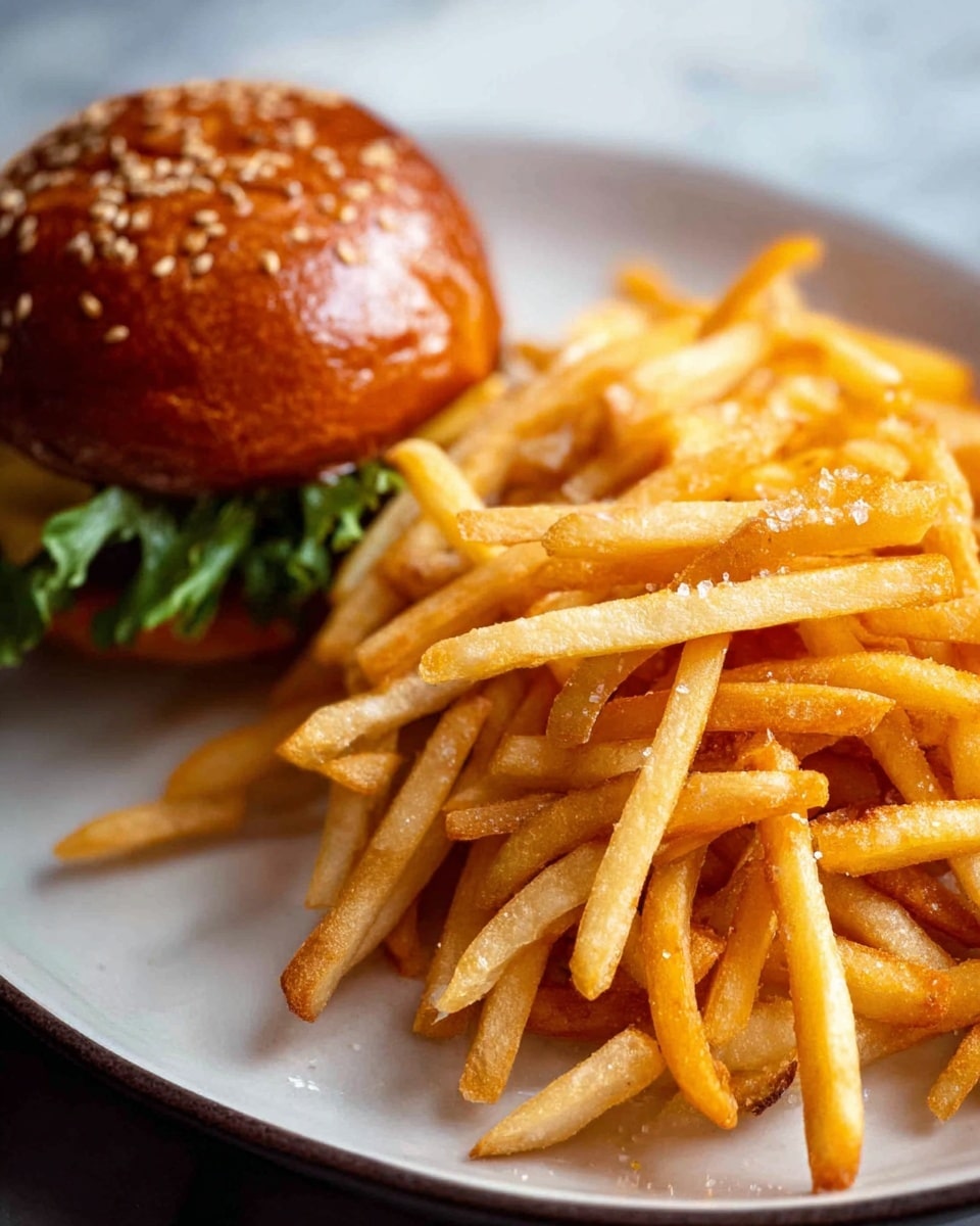 The image shows a close-up of a plate holding a burger and a large pile of French fries. The burger bun, topped with sesame seeds, is glossy and golden brown, with fresh green lettuce peeking out from underneath. The fries are thin, crispy, and golden, scattered loosely to the right side of the burger. The plate is white, and the background surface has a white marbled texture, softly blurred. The fries have a light sprinkling of salt visible on their surfaces. Photo taken with an iphone --ar 4:5 --v 7