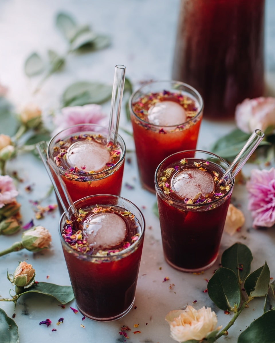 Four clear glasses filled with dark red iced tea are arranged on a white marbled surface. Each glass contains a large round ice cube floating in the liquid, topped with colorful small flower petals scattered on the surface. Two of the glasses have clear straws placed inside. Around the glasses, there are green leaves and delicate light pink and cream flowers scattered and placed nearby, adding a soft natural touch. In the background, there is a tall glass pitcher with the same dark red liquid, slightly blurred. photo taken with an iphone --ar 4:5 --v 7