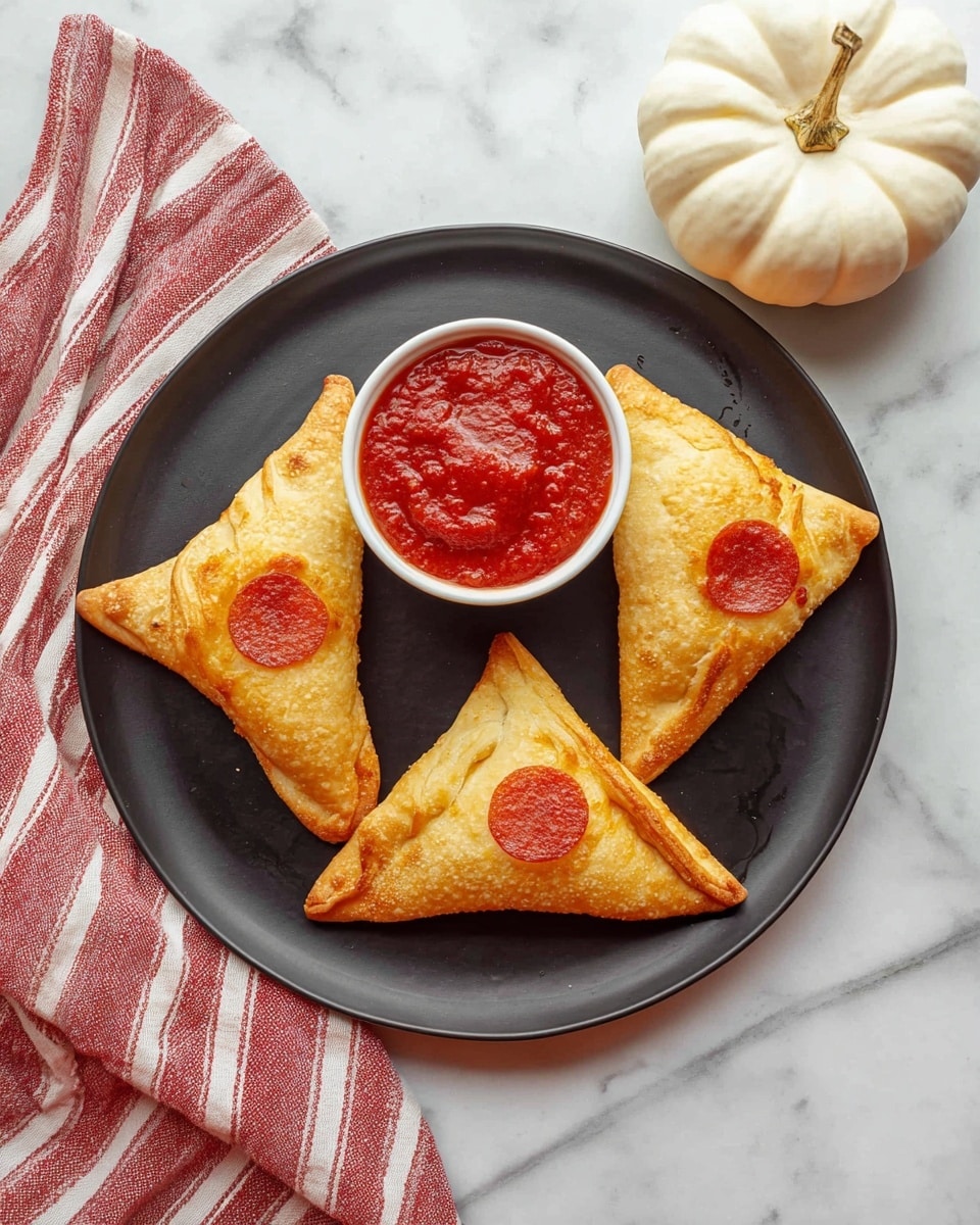 A black plate holds three triangular folded pizza pockets, each with a golden-brown crust and a single round red pepperoni slice visible on top near the middle. The crust edges are twisted and slightly puffy, showing some texture and a baked golden color. In the center of the plate, a small white bowl is filled with thick red pizza sauce, which has a glossy texture. The plate rests on a white marbled surface, with a red and white striped cloth partially visible at the top and a small white decorative pumpkin to the right. photo taken with an iphone --ar 4:5 --v 7