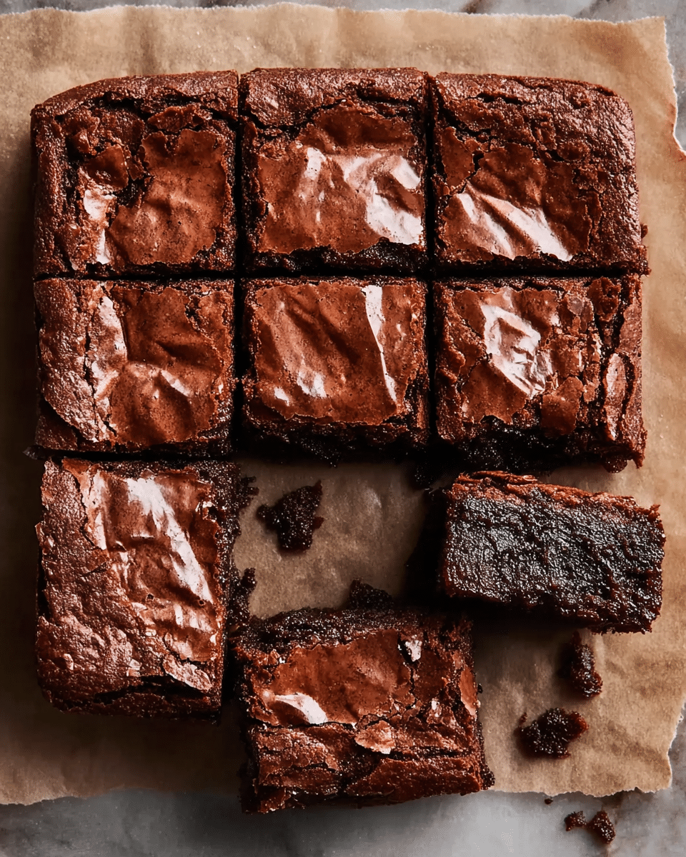 This image shows a square batch of nine chocolate brownies on a light brown parchment paper, placed on a white marbled surface. The brownies have a rich dark brown color with a shiny, crackled top layer that looks slightly crisp. One brownie piece is missing from the middle bottom, revealing a moist, dense, and fudgy texture inside with some crumbs scattered around. The brownies are neatly cut into even squares, and the overall look is glossy and decadent. Photo taken with an iphone --ar 4:5 --v 7