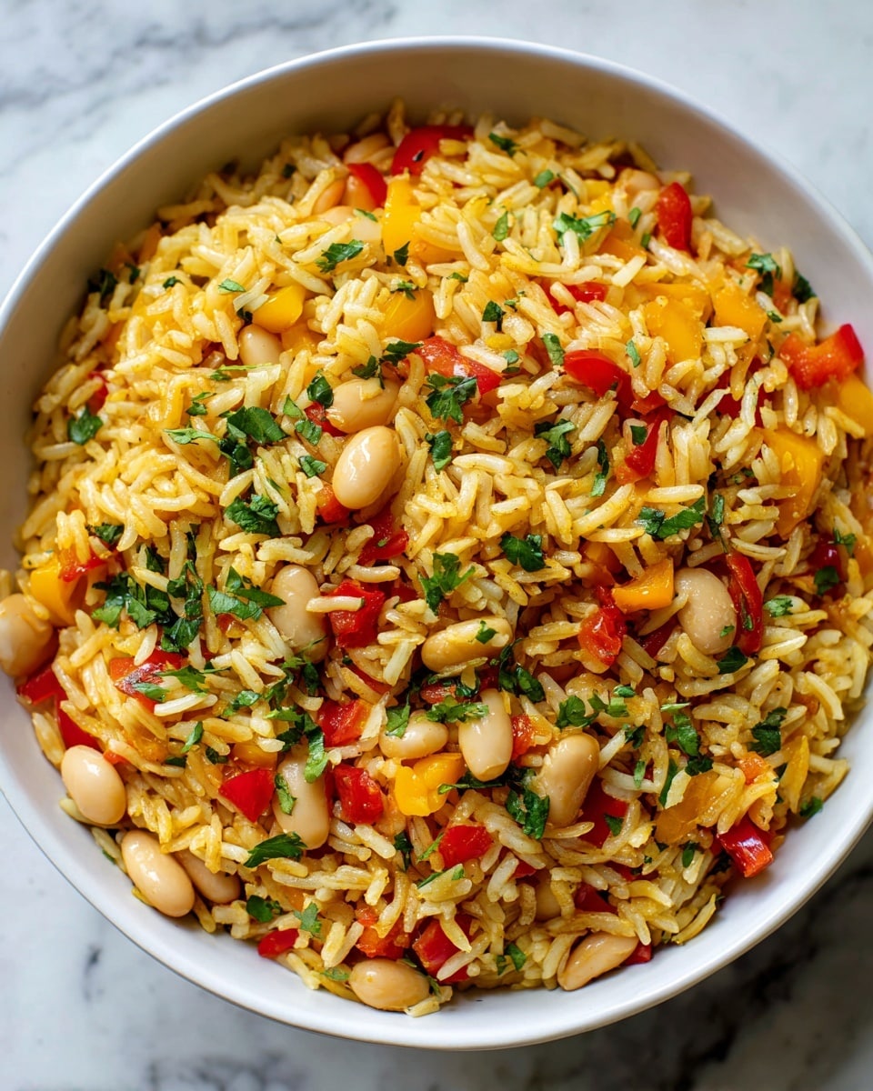 A close-up view of a mixed rice dish showing one main layer filled with yellow and white rice grains combined with red and yellow diced bell peppers, white beans scattered throughout, and chopped green fresh herbs on top creating a colorful texture. The mixture is vibrant with a slight shine, all resting in a white bowl on a white marbled surface. photo taken with an iphone --ar 4:5 --v 7