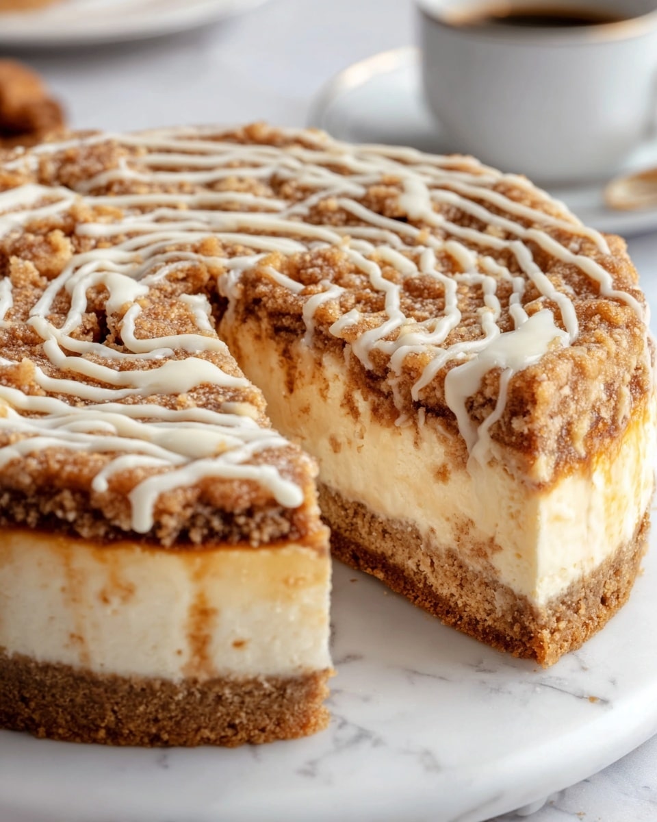 A round cheesecake with a slice cut out shows three clear layers: a thick, crumbly light brown crust at the bottom, a smooth, creamy off-white cheesecake middle, and a top layer of crumbly streusel with swirls of light brown cinnamon or caramel mixed in. White icing is drizzled in thin lines over the streusel topping, adding texture and contrast. The cake is set on a white marbled surface with a blurred cup and saucer in the background. photo taken with an iphone --ar 4:5 --v 7