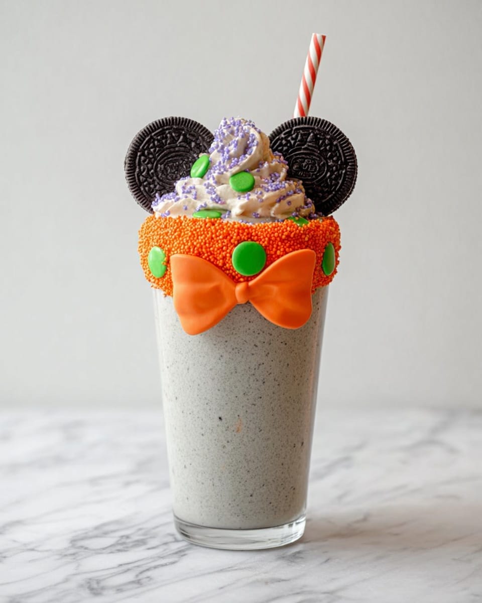 A tall glass filled with a thick, light gray cookies and cream milkshake, topped with a swirl of whipped cream mixed with small purple and green sprinkles. Around the rim is a bright orange candy coating decorated with six evenly spaced round green candies. Two whole black sandwich cookies are placed on top to create ears, and a large, smooth orange candy bow sits in front of them. A white straw with red diagonal stripes is stuck into the whipped cream behind the bow. The glass is set on a white marbled surface with a plain white background. photo taken with an iphone --ar 4:5 --v 7