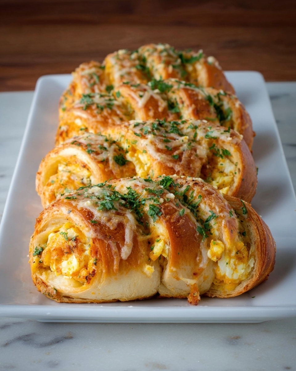 The image shows three rows of stuffed bread rolls arranged side by side on a long white rectangular plate placed on a white marbled surface. Each roll has a golden-brown crust with a slightly glossy finish and is sliced partially across the top in multiple sections, revealing a soft, orange and yellow filling inside. The top of the rolls is sprinkled with finely chopped green herbs and melted white cheese, adding texture and color contrast. The bread looks soft on the inside and crusty on the outside, with the filling appearing creamy and slightly chunky. Photo taken with an iphone --ar 4:5 --v 7
