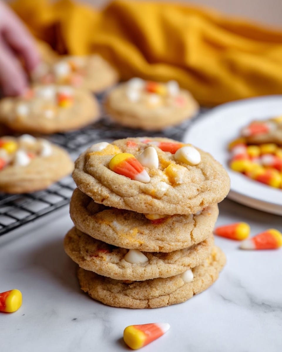 The image shows a stack of four soft, golden-brown cookies, each with white chocolate chips and bright candy corn pieces embedded on top. The cookies have a slightly chewy texture with a few cracks on their surface, highlighting their softness. Scattered around the stack are loose candy corns and white chocolate chips, enhancing the festive look. Nearby, there are more cookies placed on a white plate and cooling rack against a white marbled surface, complementing the warm colors of the cookies. In the background, part of a woman's hand is visible reaching toward the cookies, and a yellow cloth adds a pop of color to the scene. Photo taken with an iphone --ar 4:5 --v 7