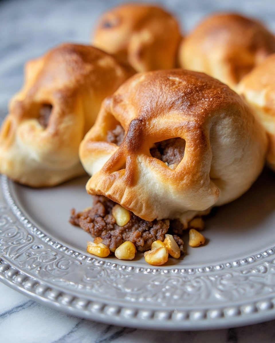 The image shows a silver round plate holding five baked skull-shaped pastries with a golden brown crust. The skull shapes are clear with hollowed eyes, nose, and mouth areas. One skull pastry in the center is broken open slightly, revealing a filling of cooked ground meat mixed with small yellow and white bits inside, some spilling onto the plate in front. In the background, there are two small white pumpkins on a white marbled surface, and behind them is a blurred stack of wooden blocks painted dark with faint white lettering that reads