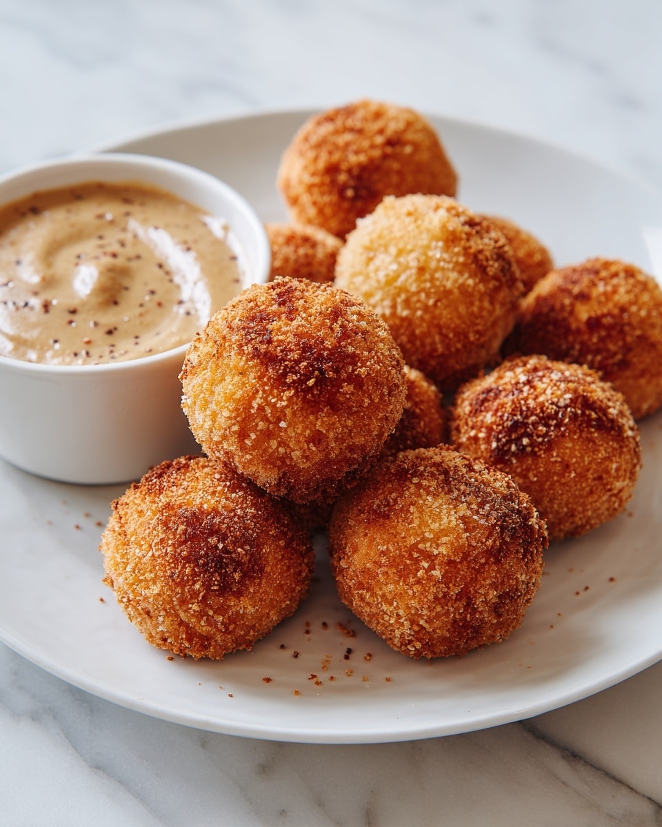 A white plate holds a pile of eight golden brown, round, crispy fried balls with a crunchy texture visible on the outside. In front of the balls, there is a small white bowl filled with a thick, creamy dip that has a light brown color with small darker specks throughout. The plate is set on a white marbled surface. photo taken with an iphone --ar 4:5 --v 7